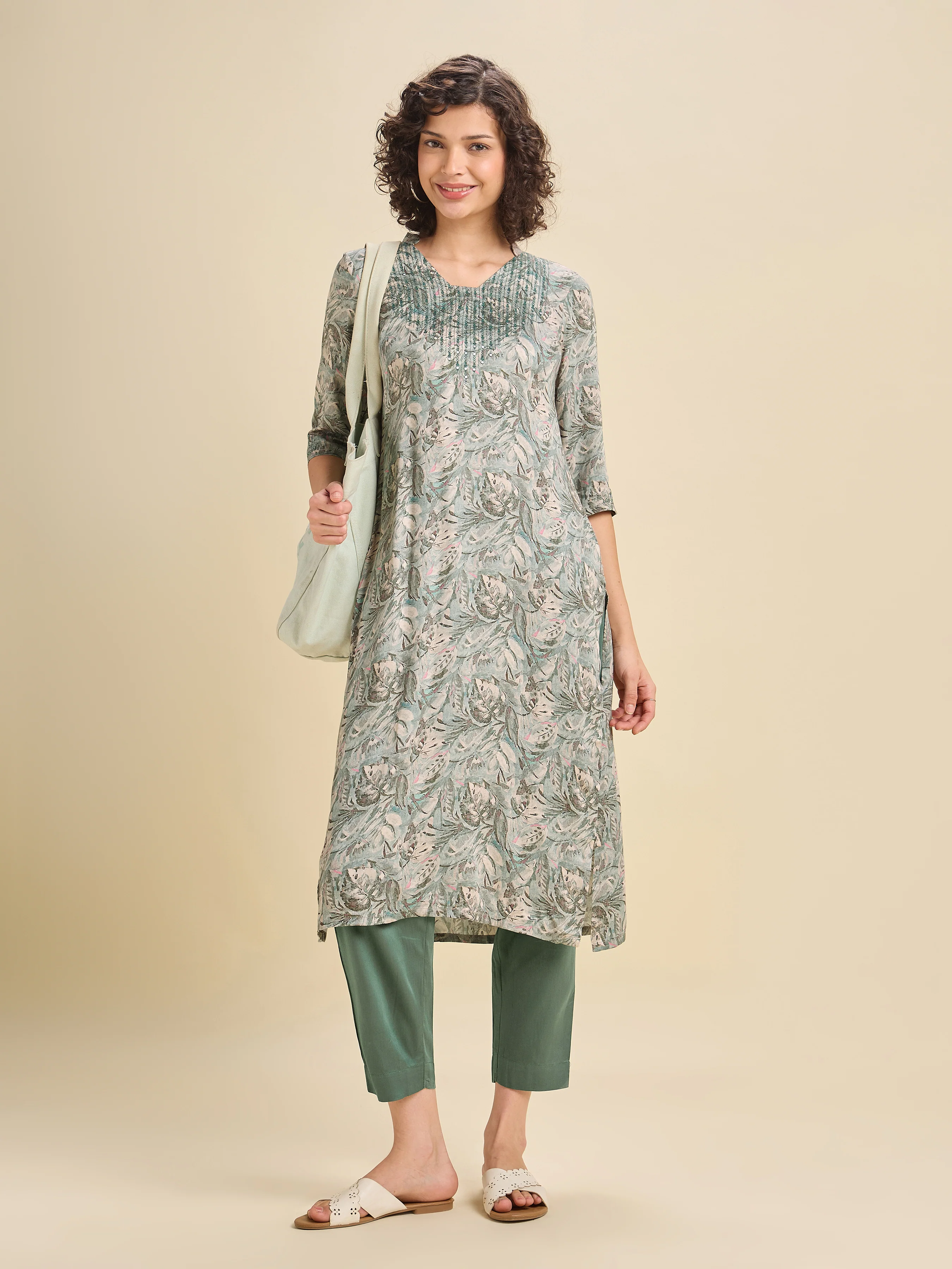 Sage Green Modal Satin Slitted Kurti Set With Embroidery & Sequins Work