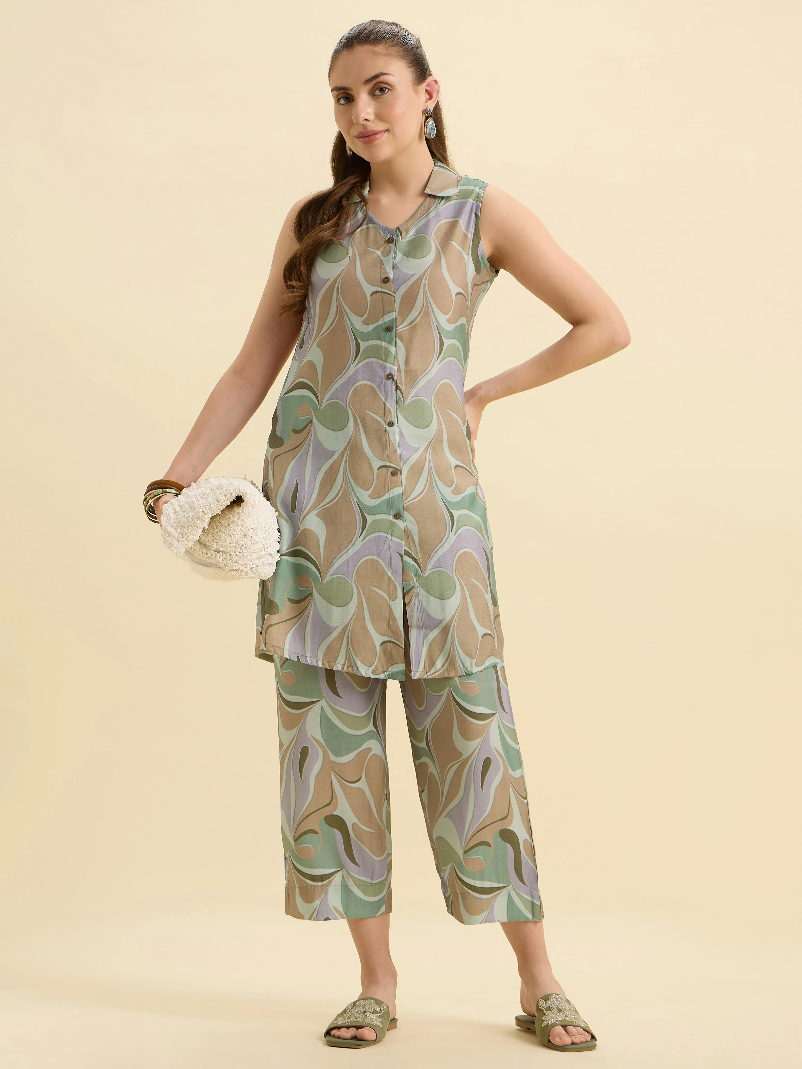 Sage Green Multicolour Modal Chanderi Printed Co-Ord Set - Image 5