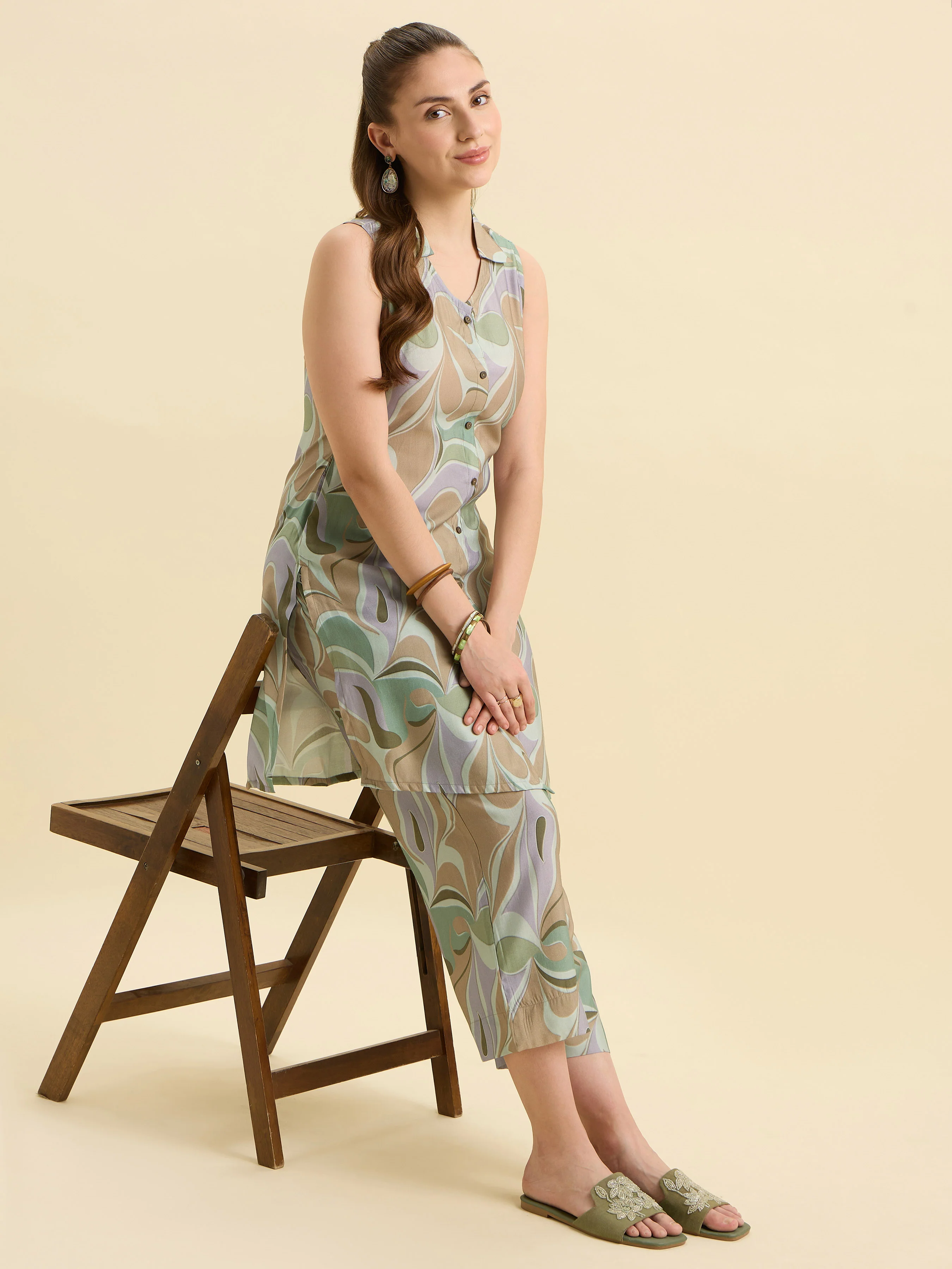 Sage Green Multicolour Modal Chanderi Printed Co-Ord Set - Image 6