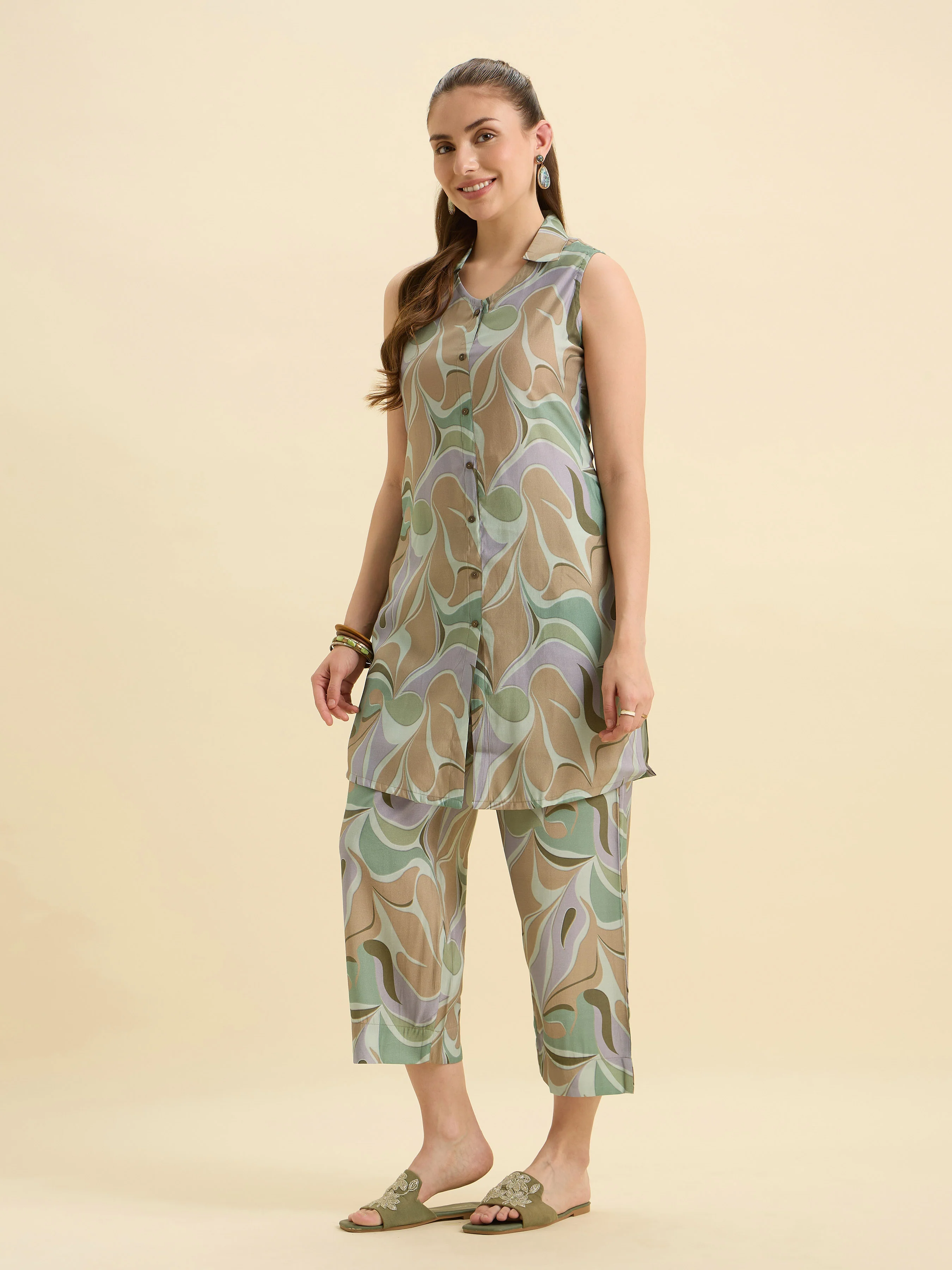 Sage Green Multicolour Modal Chanderi Printed Co-Ord Set - Image 7