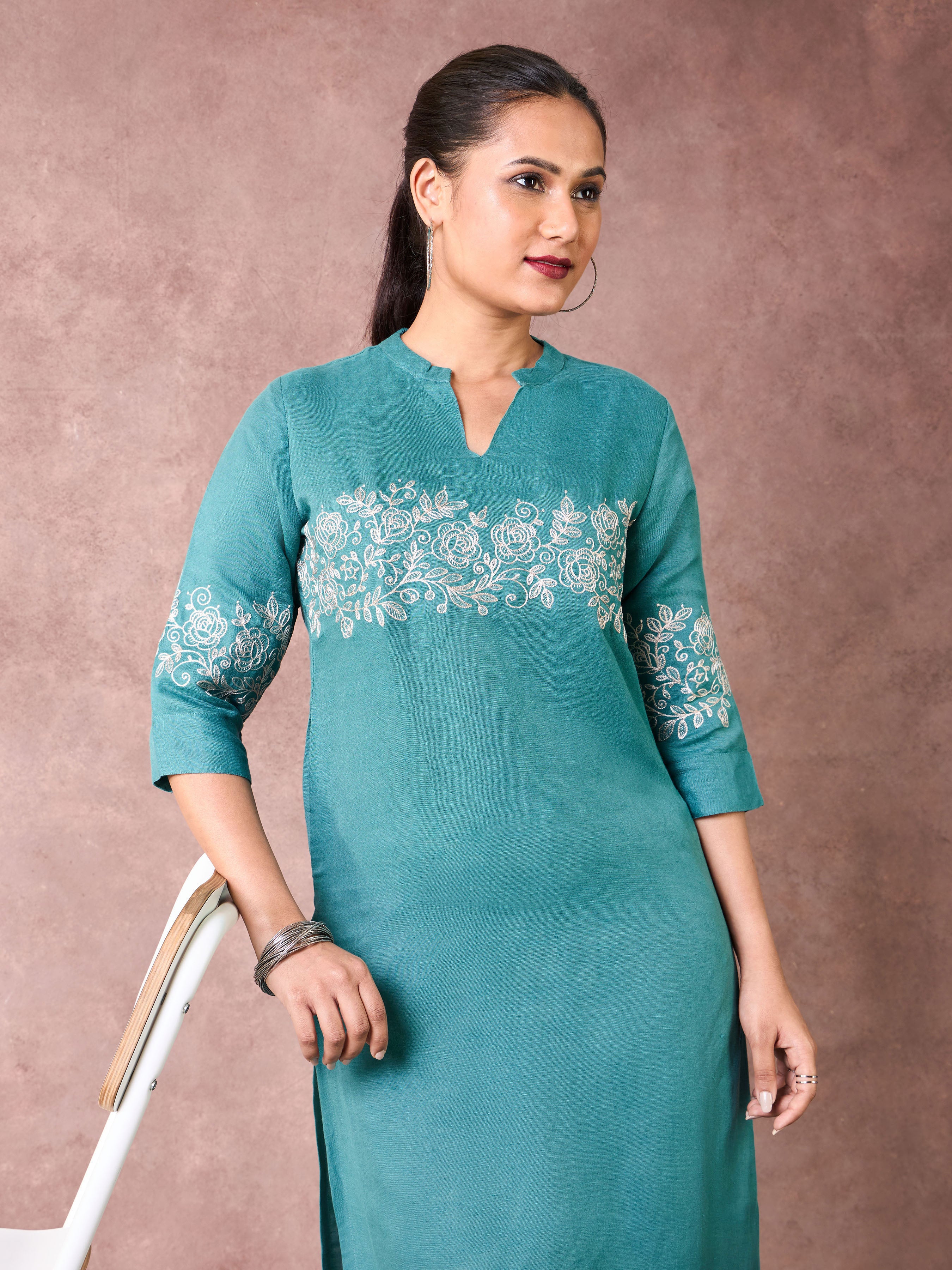 Teal Blue Viscose Linen Kurti  & Bottom With Embroidery - Image 3