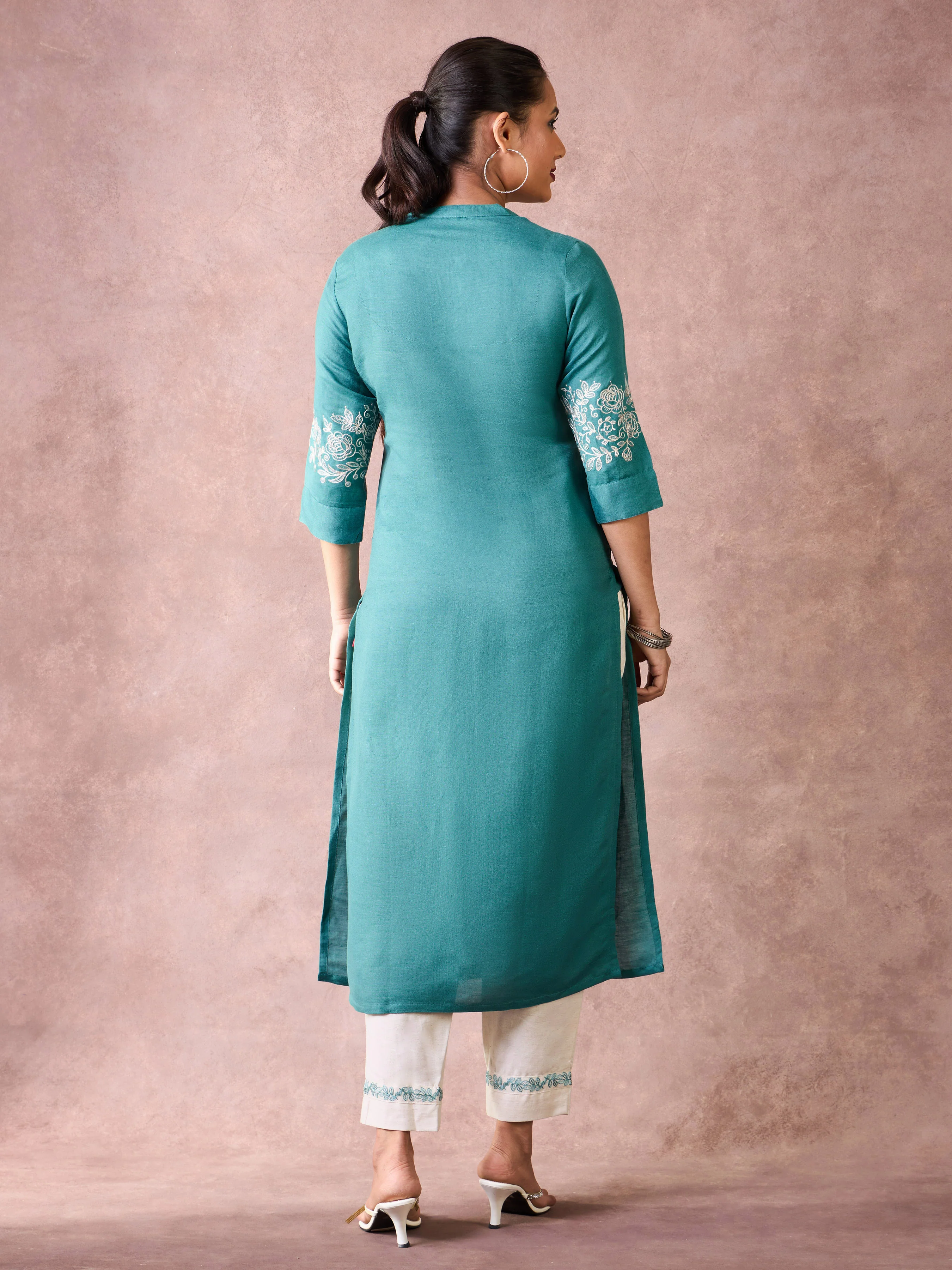 Teal Blue Viscose Linen Kurti  & Bottom With Embroidery - Image 6