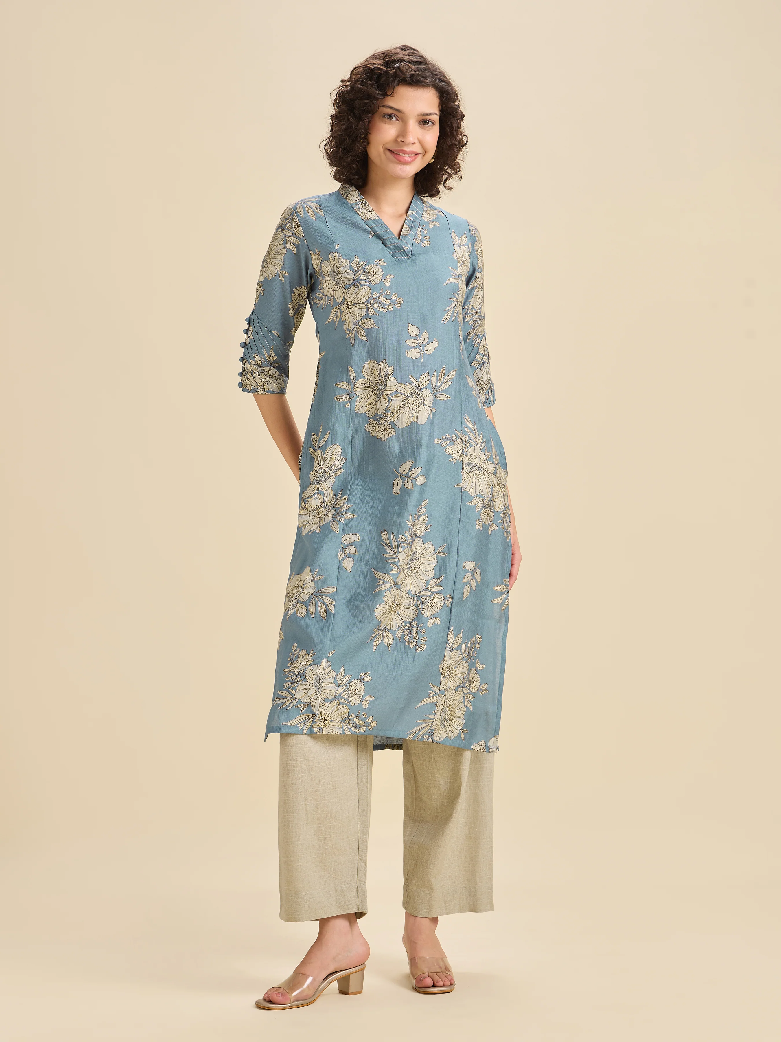 Sky Blue Viscose Blend Printed Kurta With Embroidery