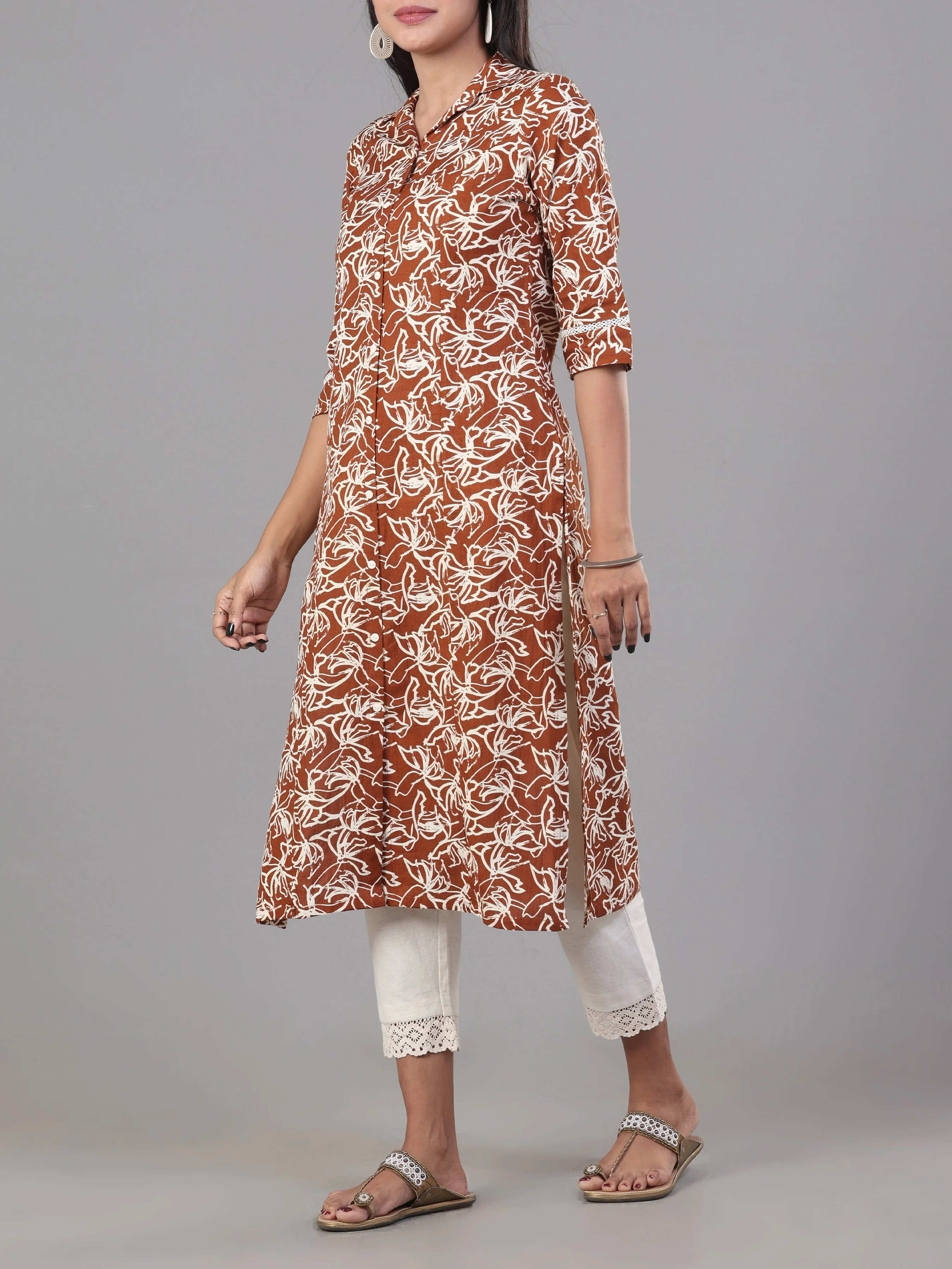 Teak Brown Cotton Flax Printed Kurti - Image 3