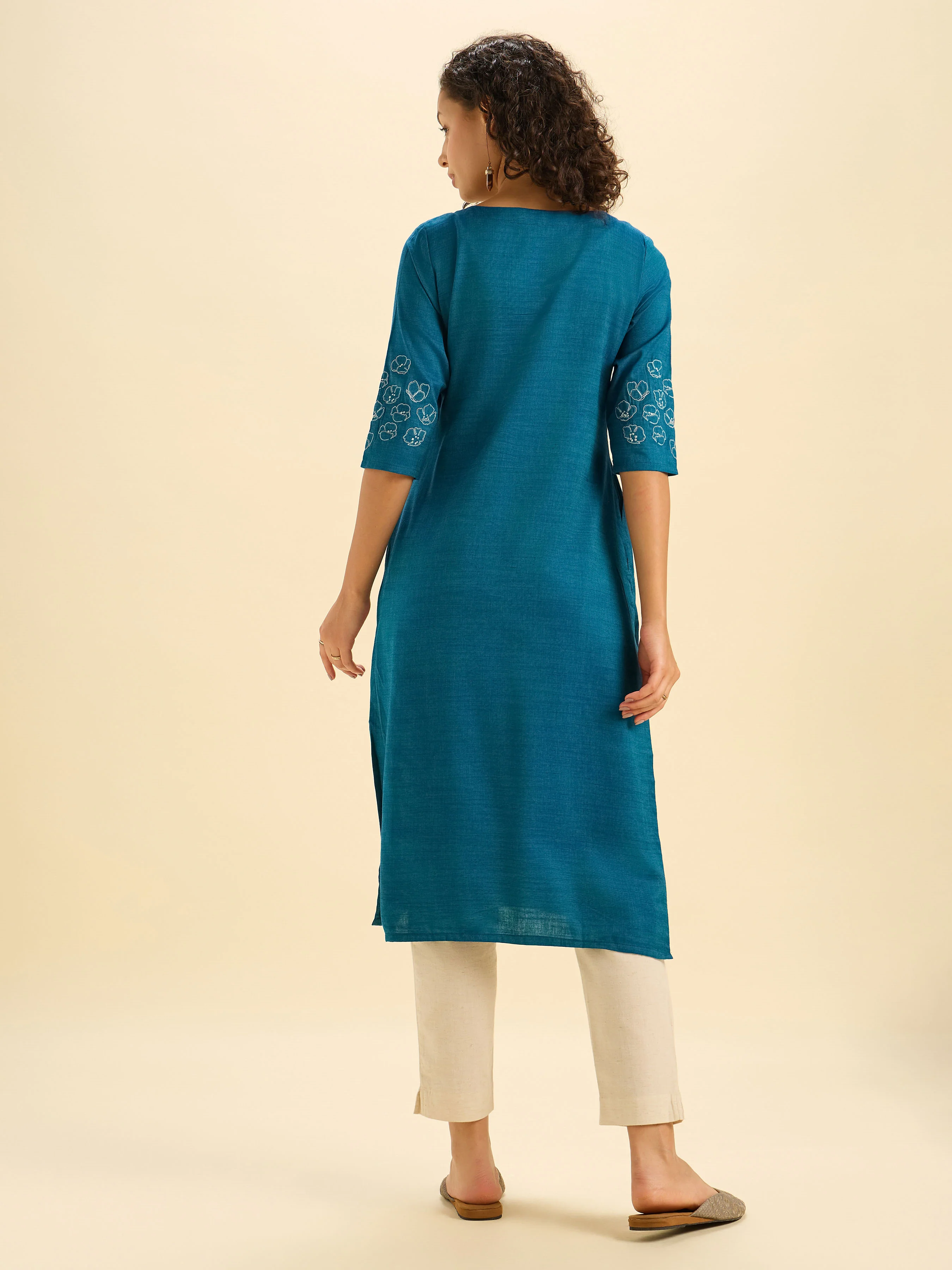 Teal Blue Cotton Viscose Kurti With Embroidery - Image 6