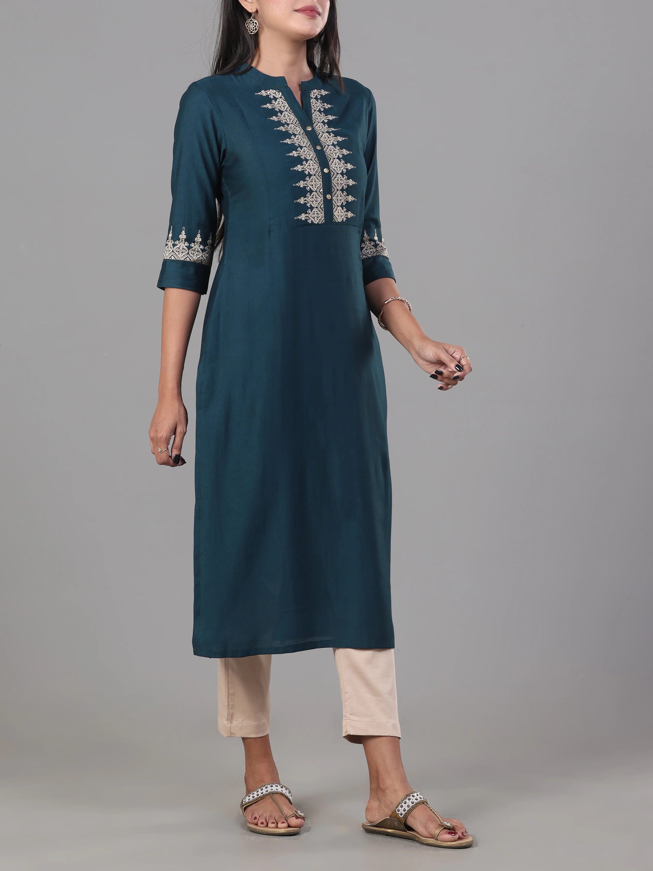 Teal Blue Denting Viscose Kurti With Embroidery And Sequins Work - Image 3