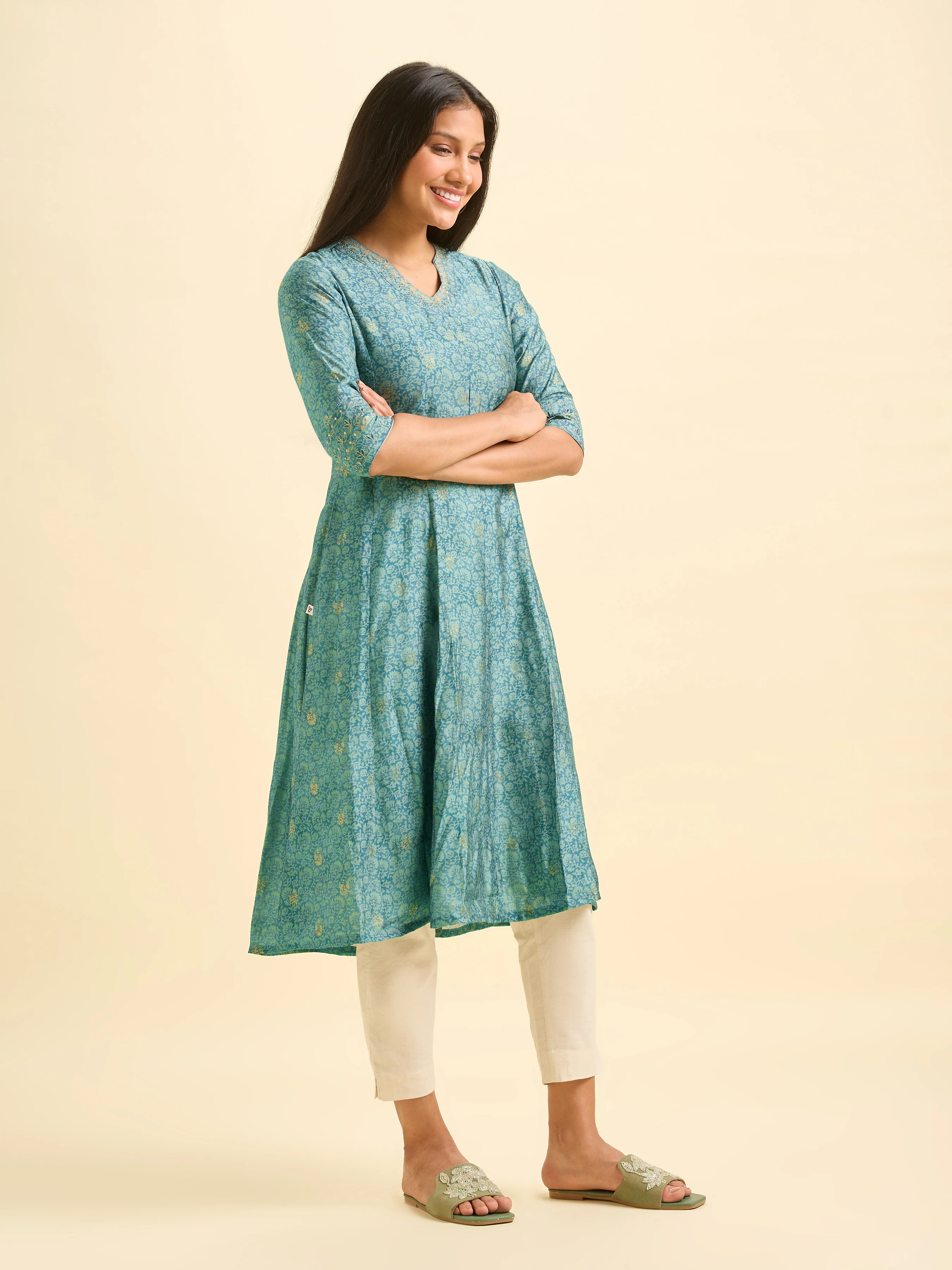 Teal Blue Modal Chanderi Printed Kalicut Kurti With Embroidery And Sequins Work - Image 4