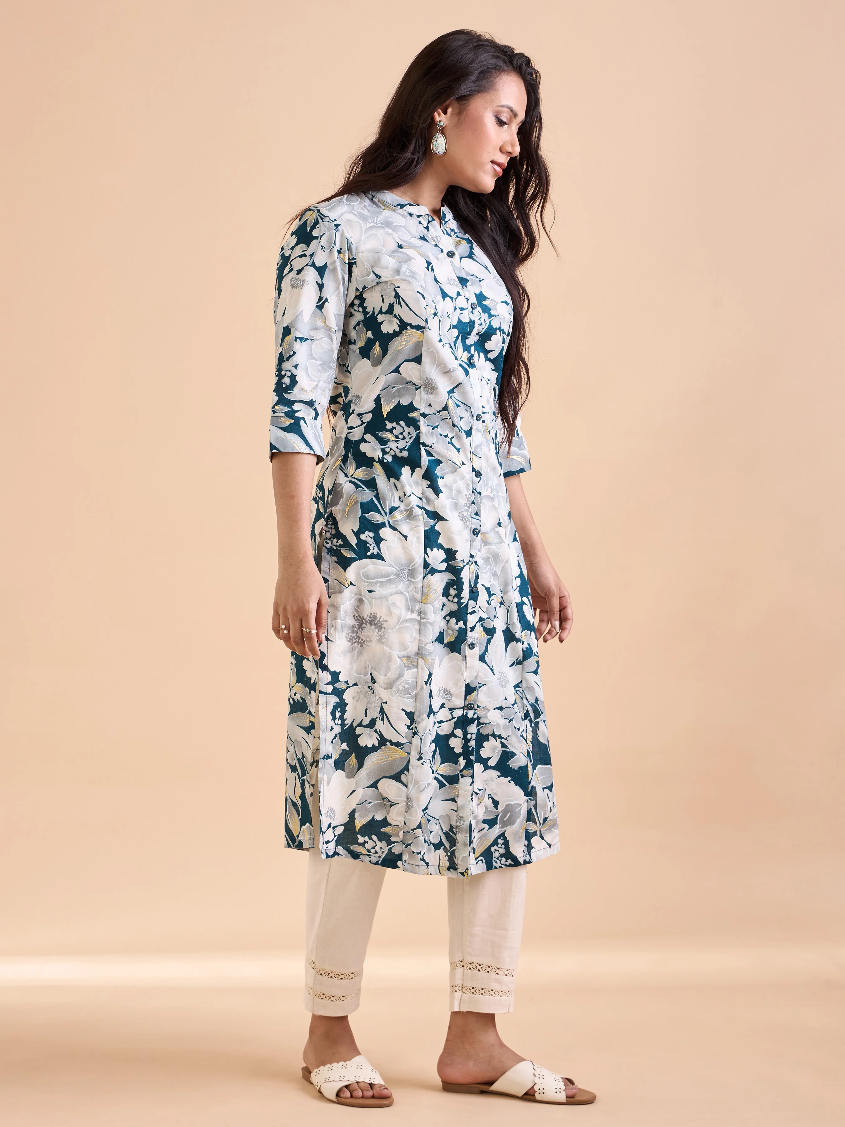 Teal Blue Pure Cotton Printed Kurti - Image 4