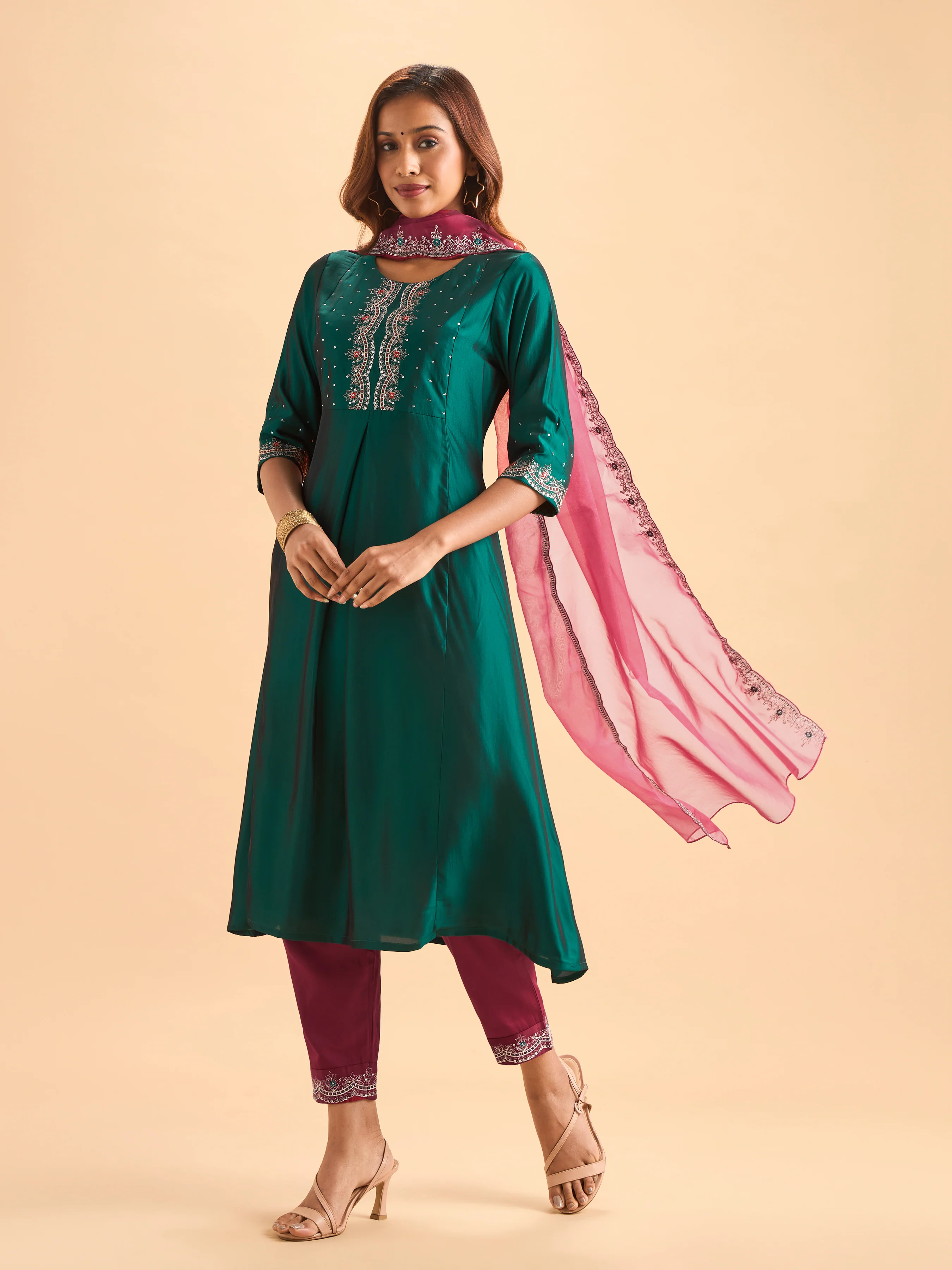 Teal Green Viscose Blend Kurti Set With Dupatta & Sequins Embroidery - Image 5