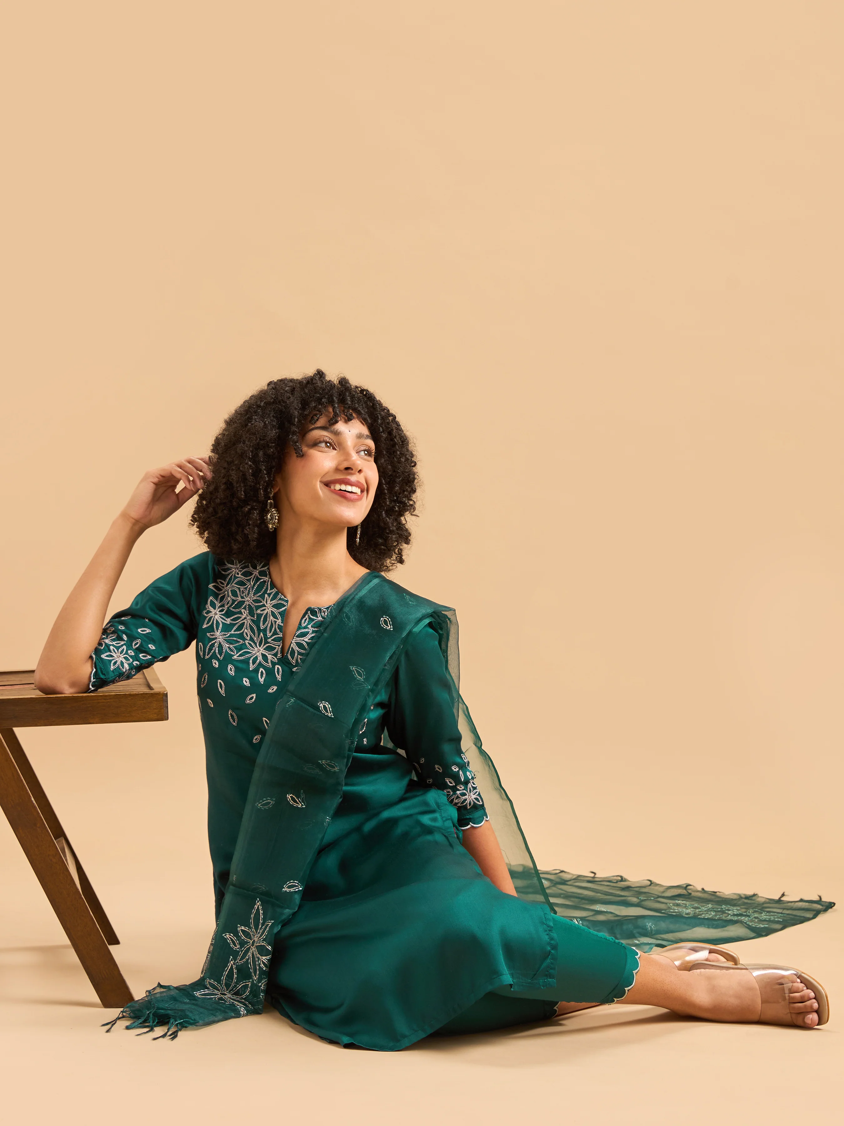 Teal Green Viscose Plain Kurti Set & Dupatta With Hand Work Embroidery - Image 3