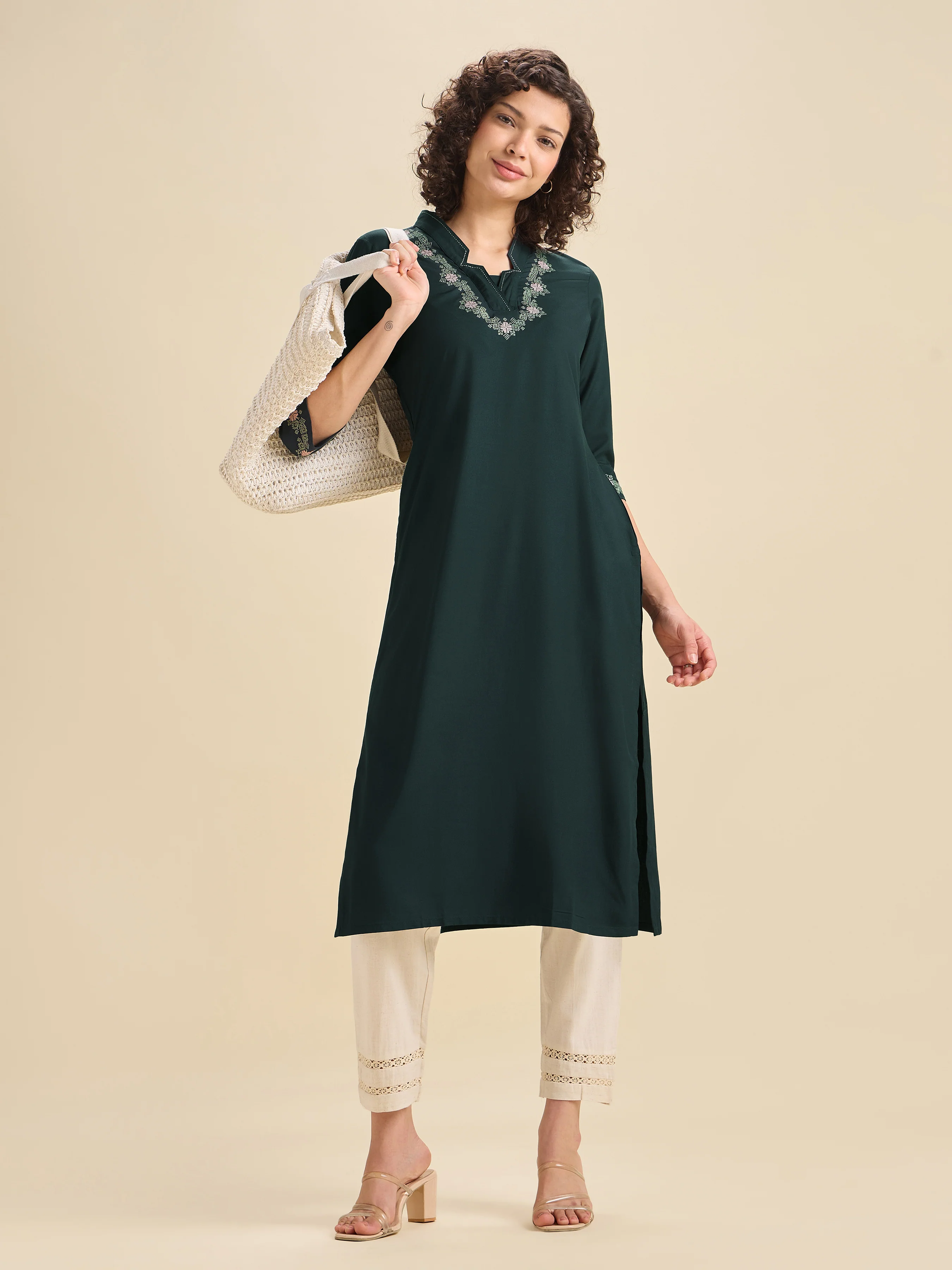 Teal Viscose Plain Slitted Kurti With Cross Stitch Embroidery - Image 5