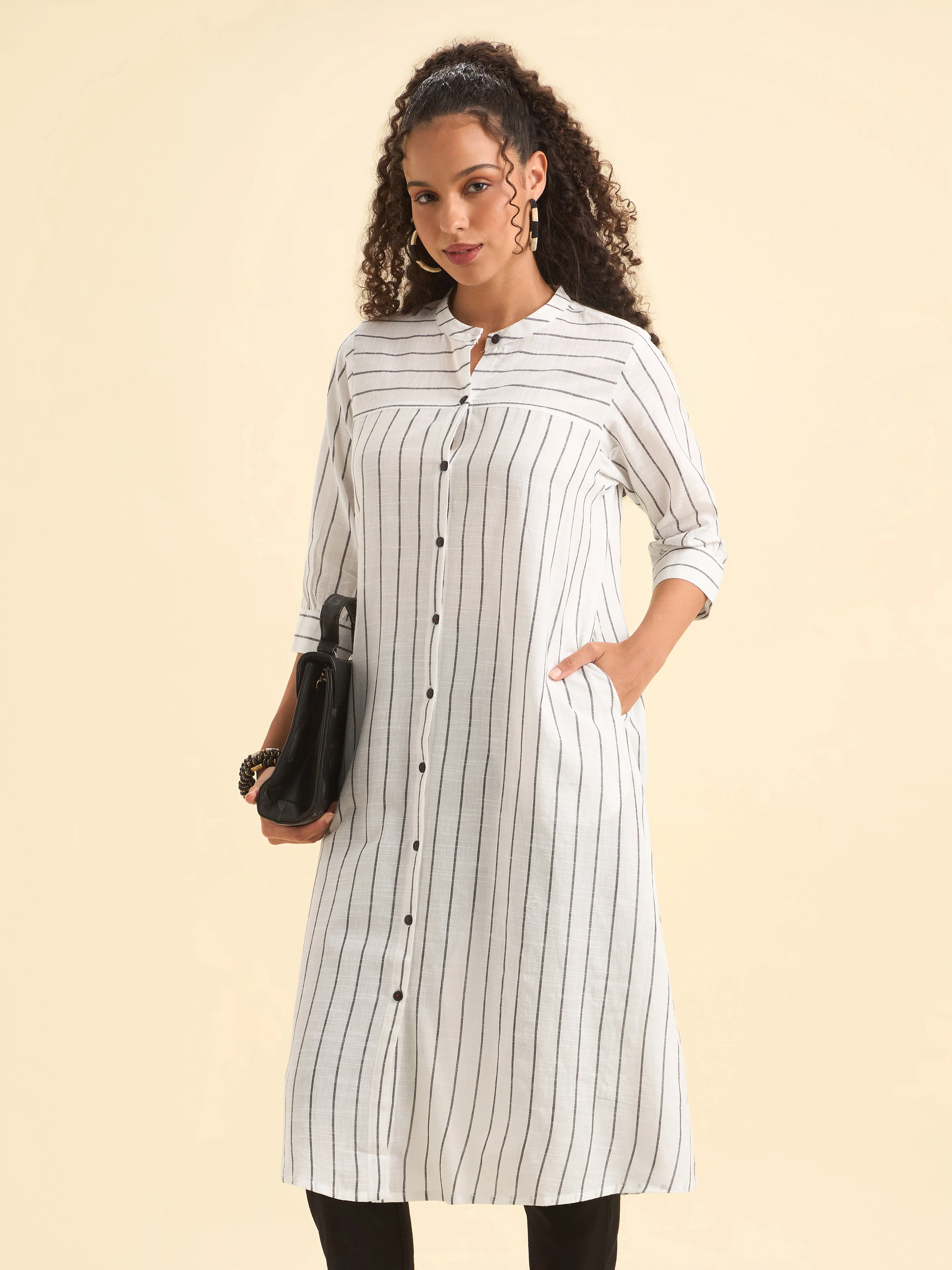 White Black Cotton Stripe Flared Kurti With Minimal Embroidery At Back Yoke - Image 5