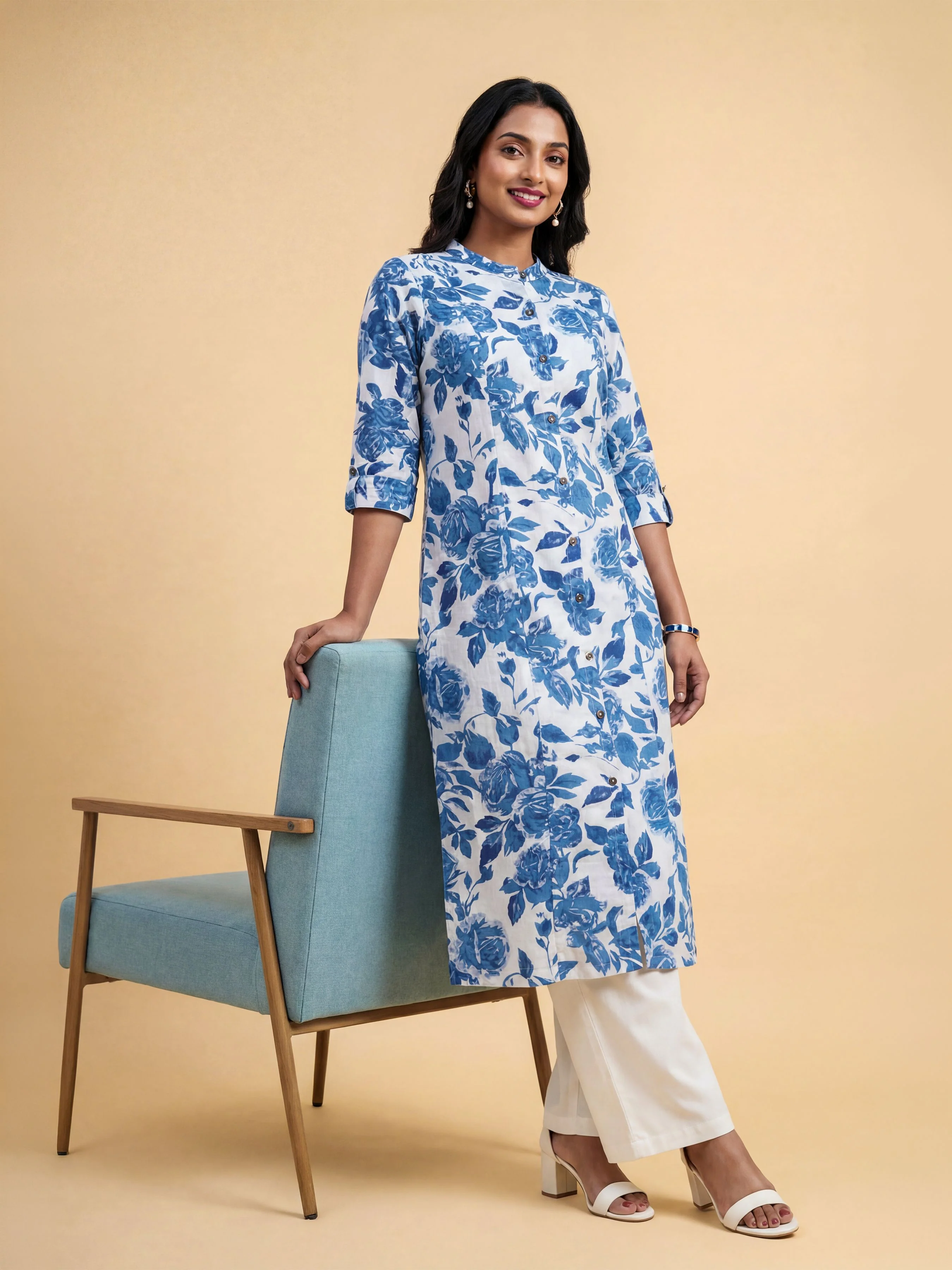 White Blue Colour Cotton Flax Printed Slit Kurti With Placket - Image 3