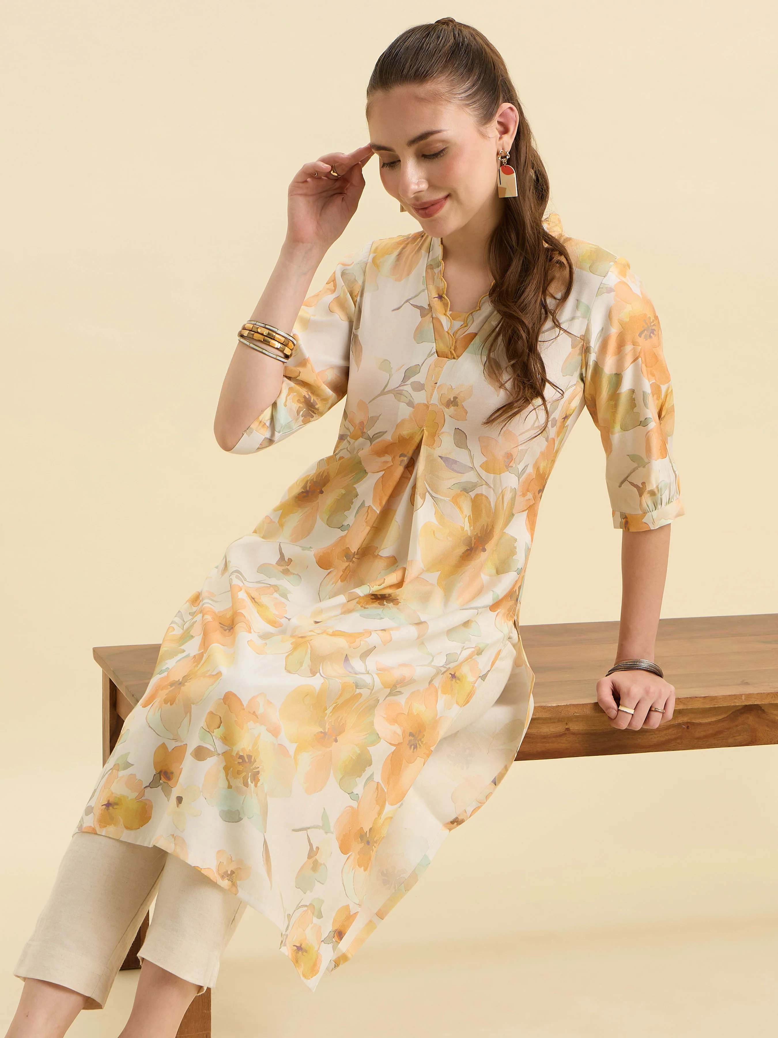 White Multicolour Modal Chanderi Printed Slitted Kurti With Box Pleat And Scallop Embroidery - Image 6