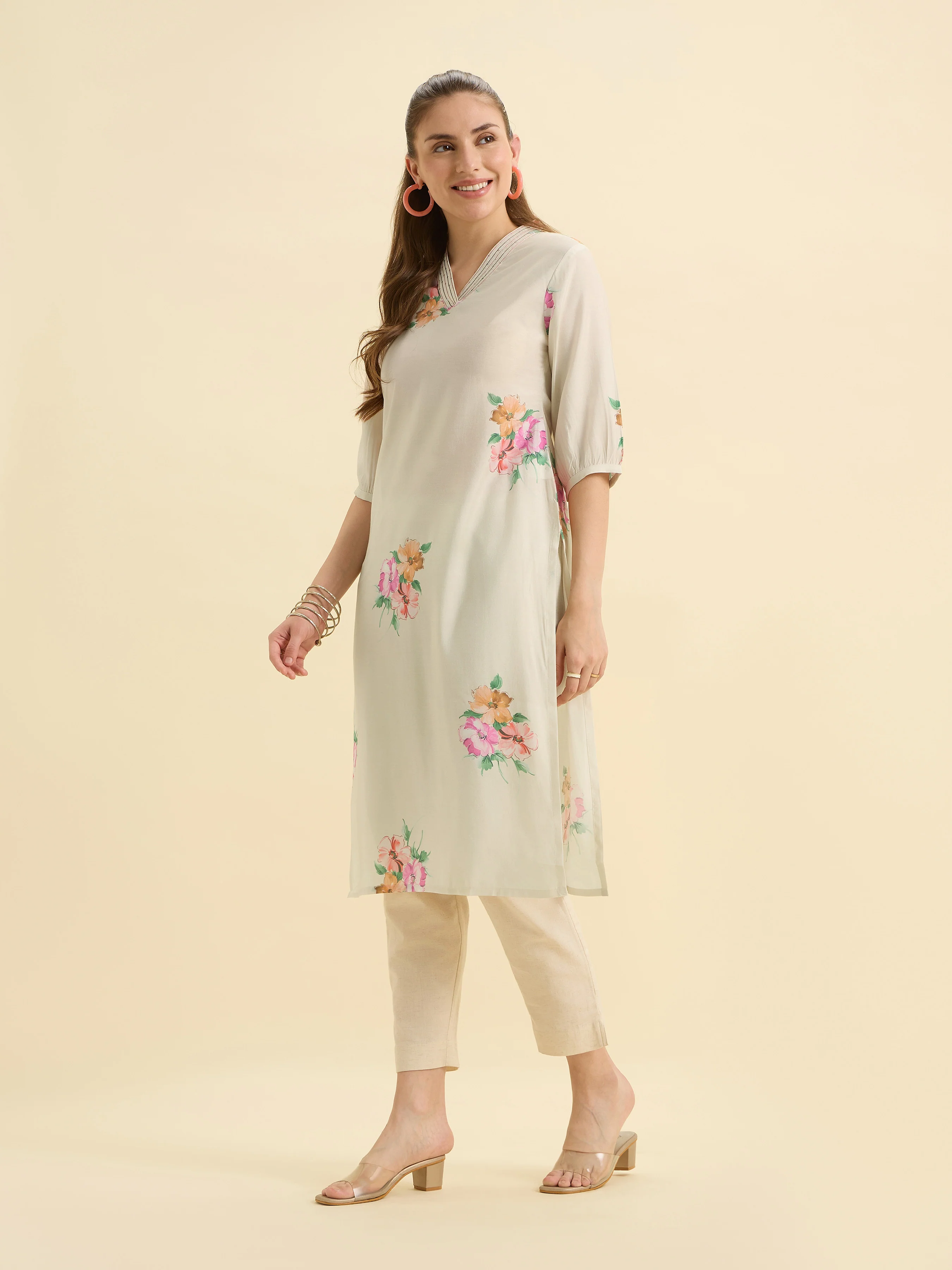 White Multicolour Modal Chanderi Printed Slitted Kurti With Embroidery And Sequins Work - Image 4