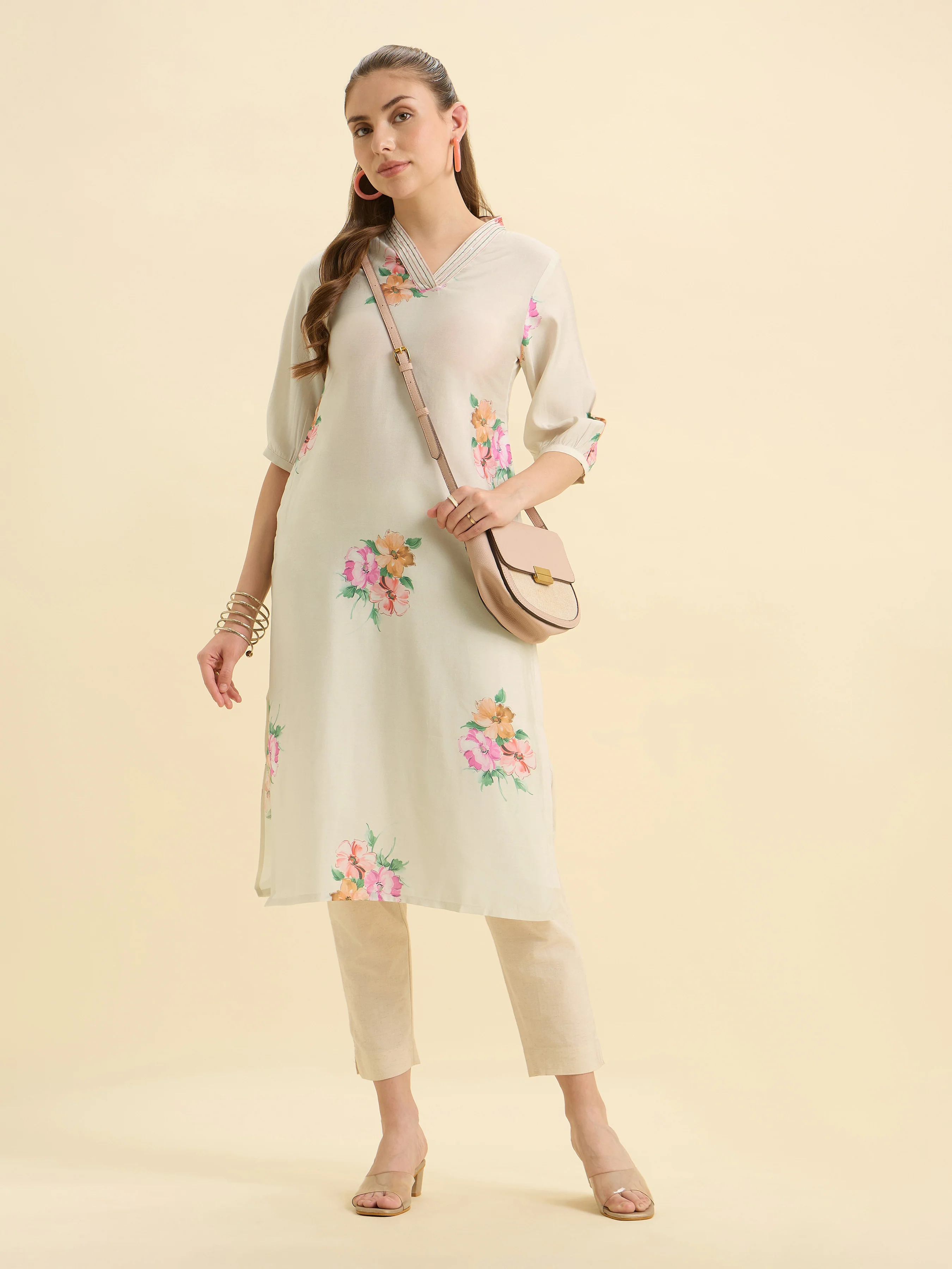 White Multicolour Modal Chanderi Printed Slitted Kurti With Embroidery And Sequins Work - Image 5