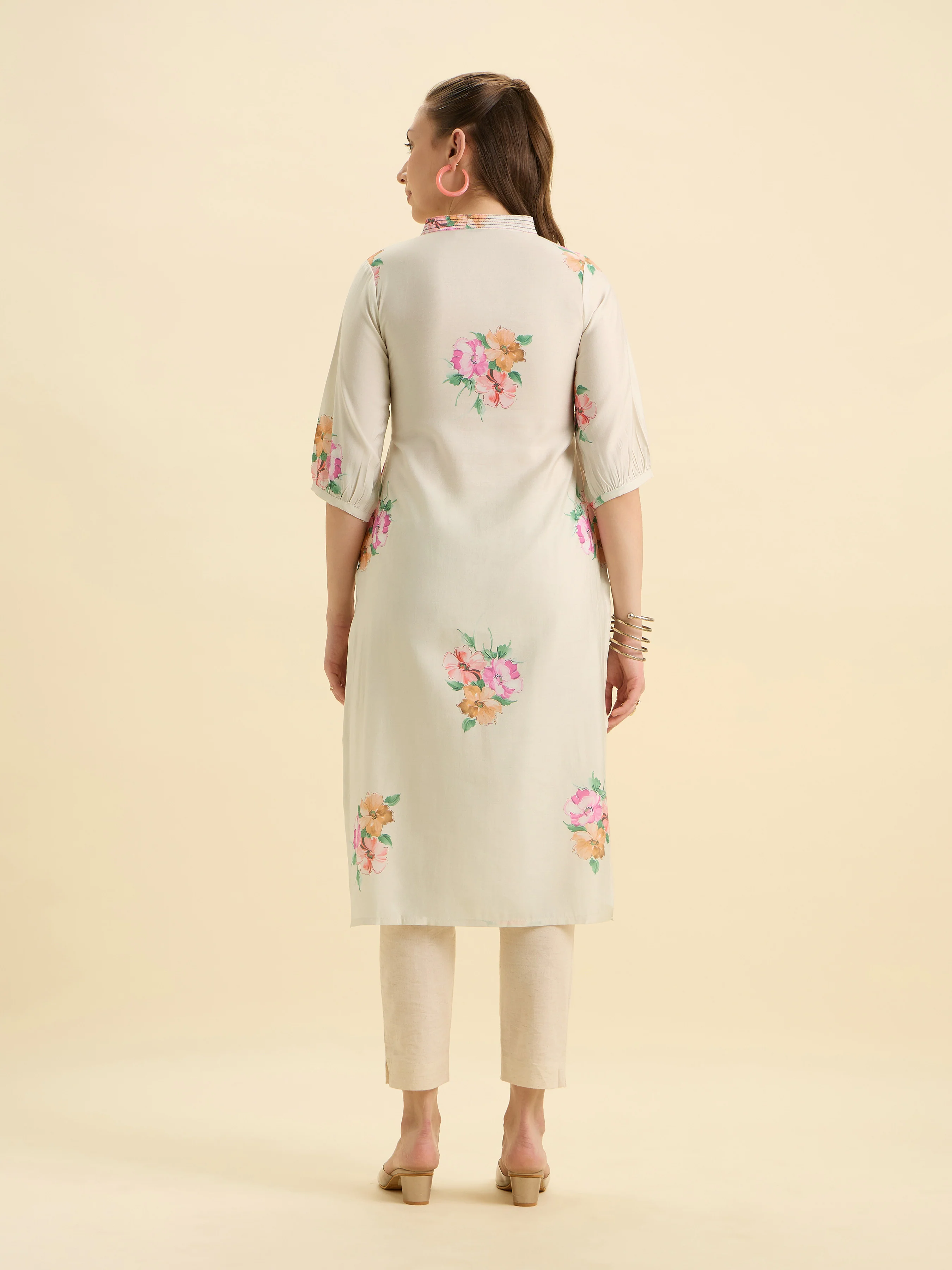 White Multicolour Modal Chanderi Printed Slitted Kurti With Embroidery And Sequins Work - Image 7