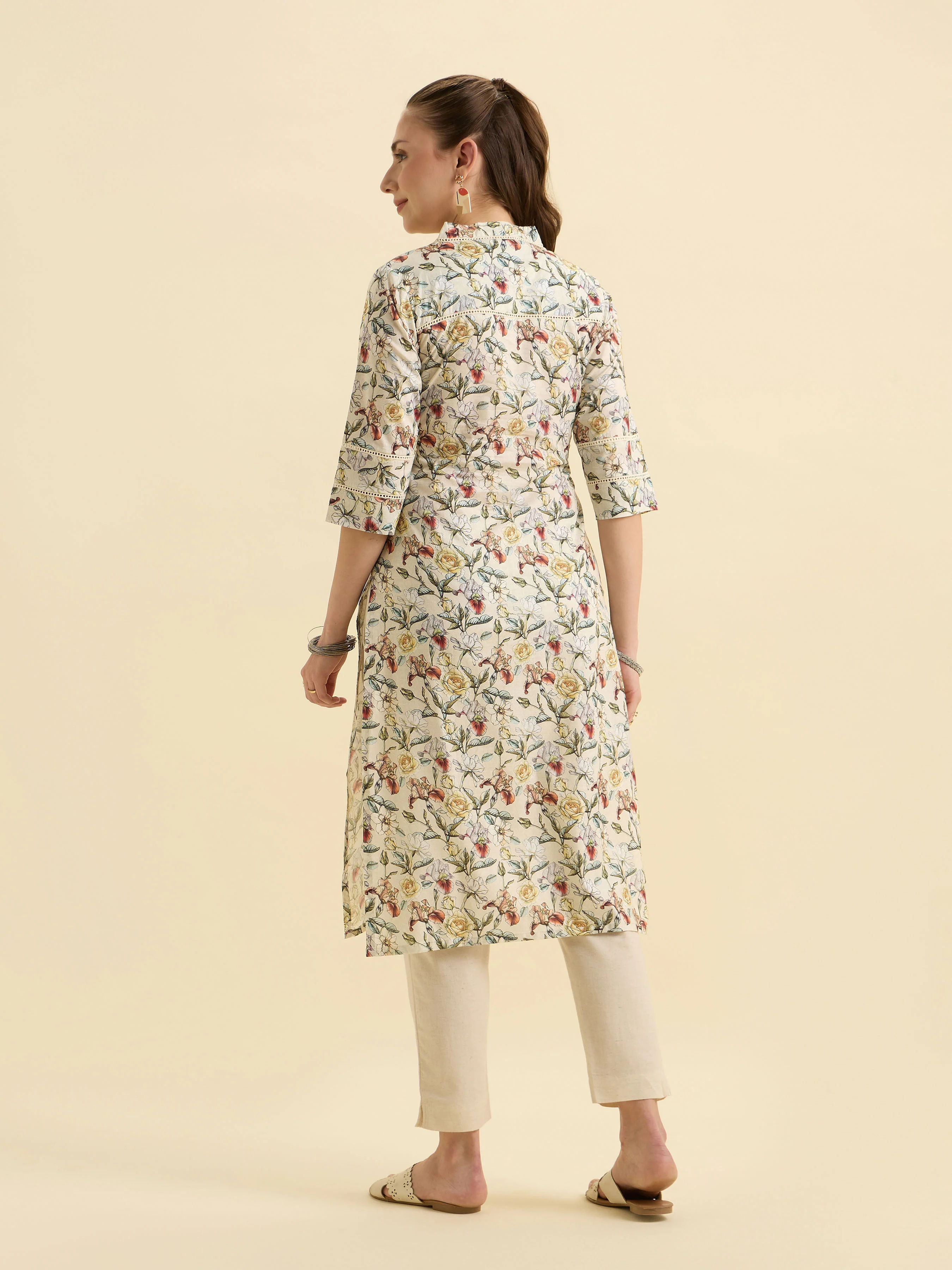White Multicolour Pure Cotton Printed Slitted Kurti With Lace - Image 7