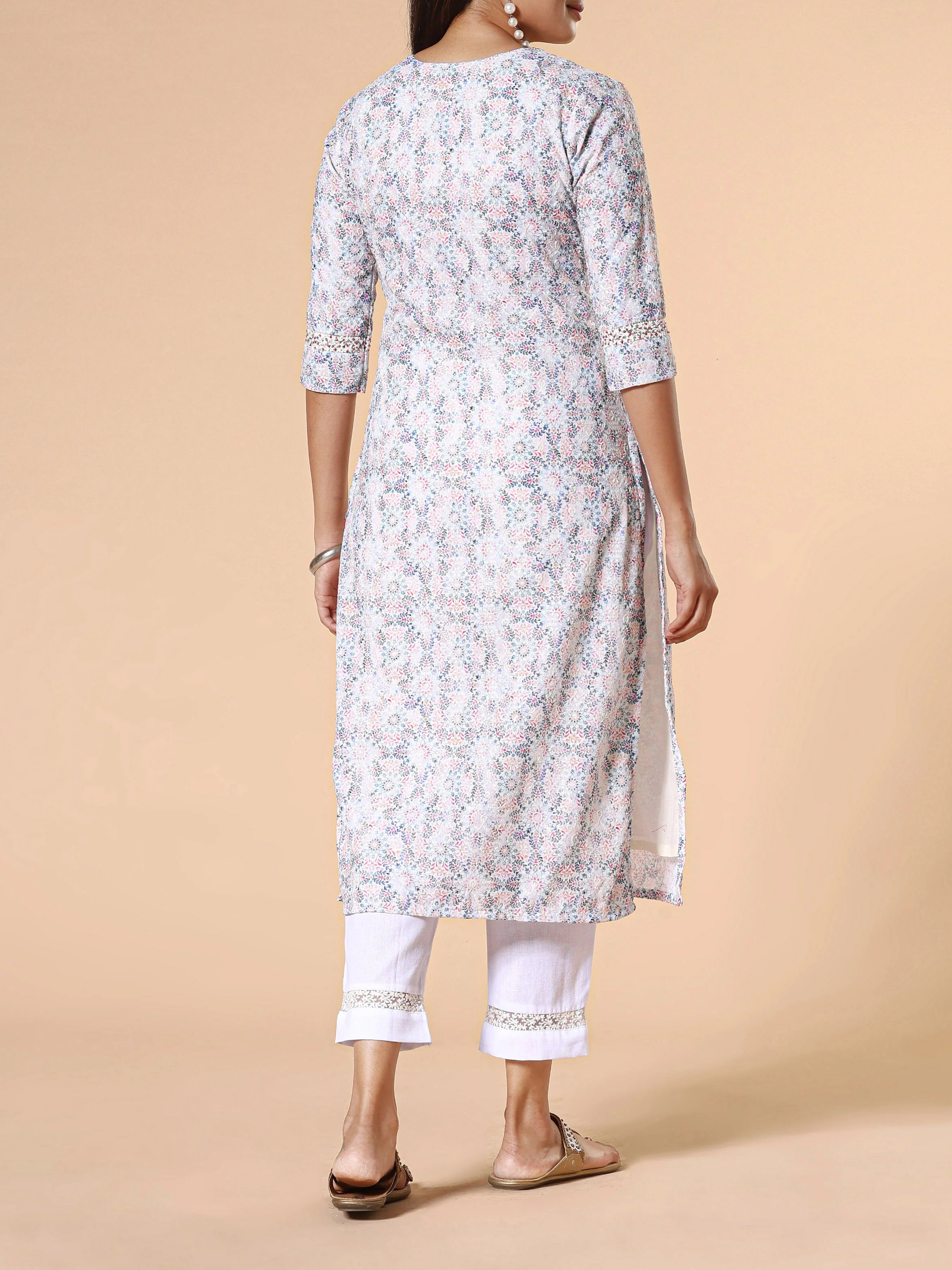 White Poly Cotton Schiffli Printed Kurti With Embroidery And Matching Bottom - Image 7