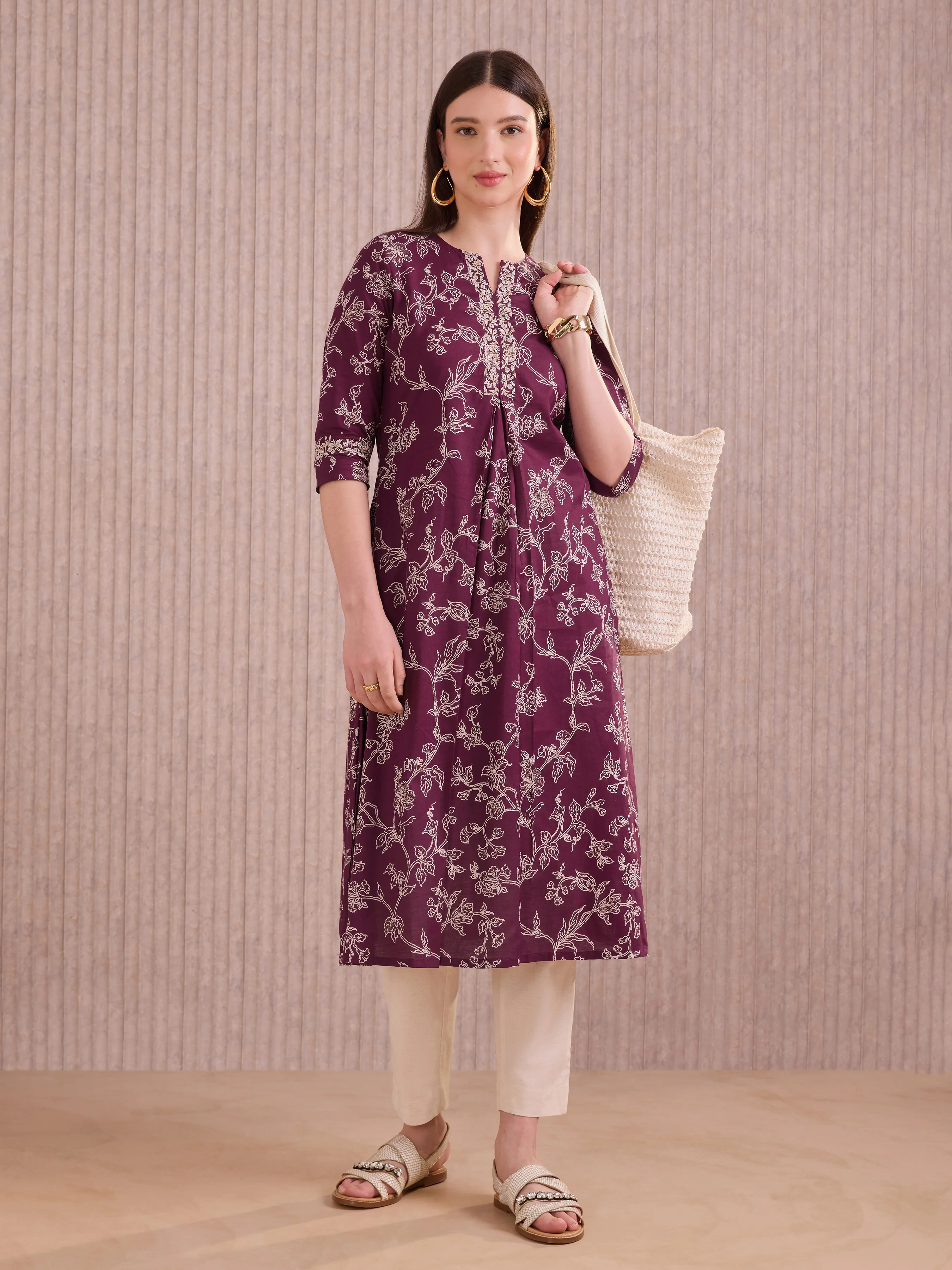 Wine Red Pure Cotton Foil Printed Kurti With Embroidery - Image 3