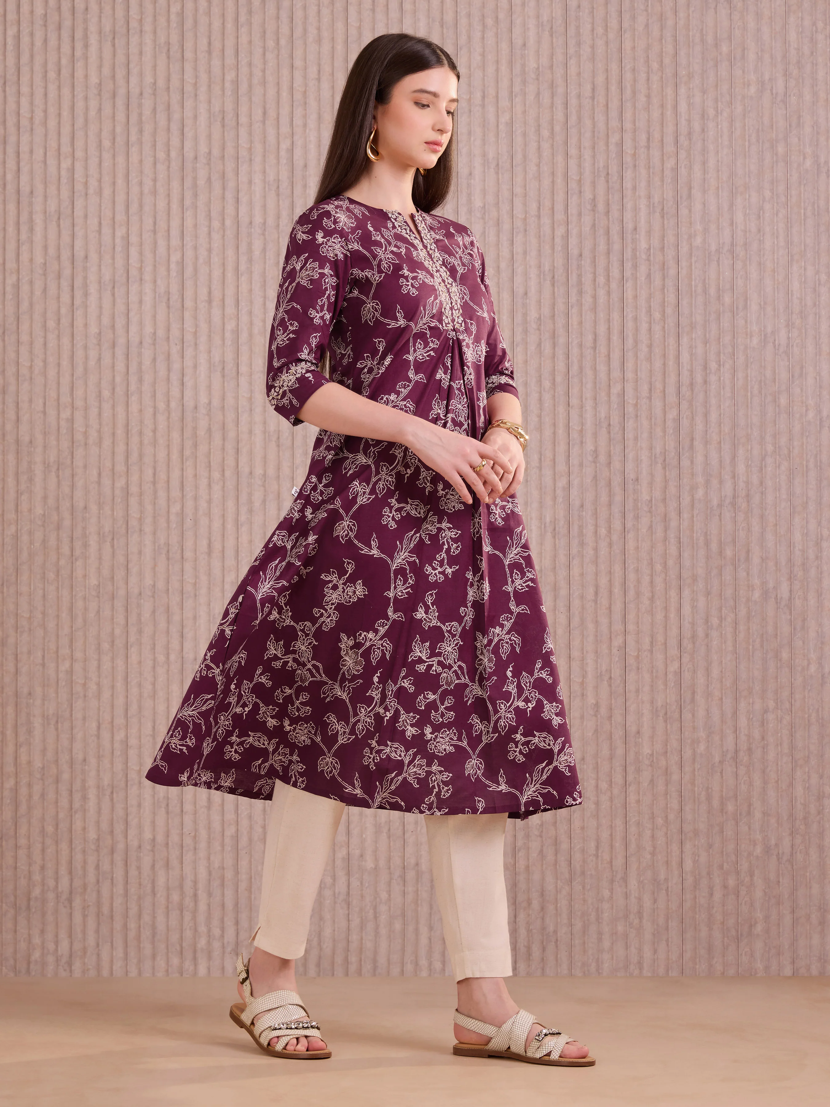 Wine Red Pure Cotton Foil Printed Kurti With Embroidery - Image 4