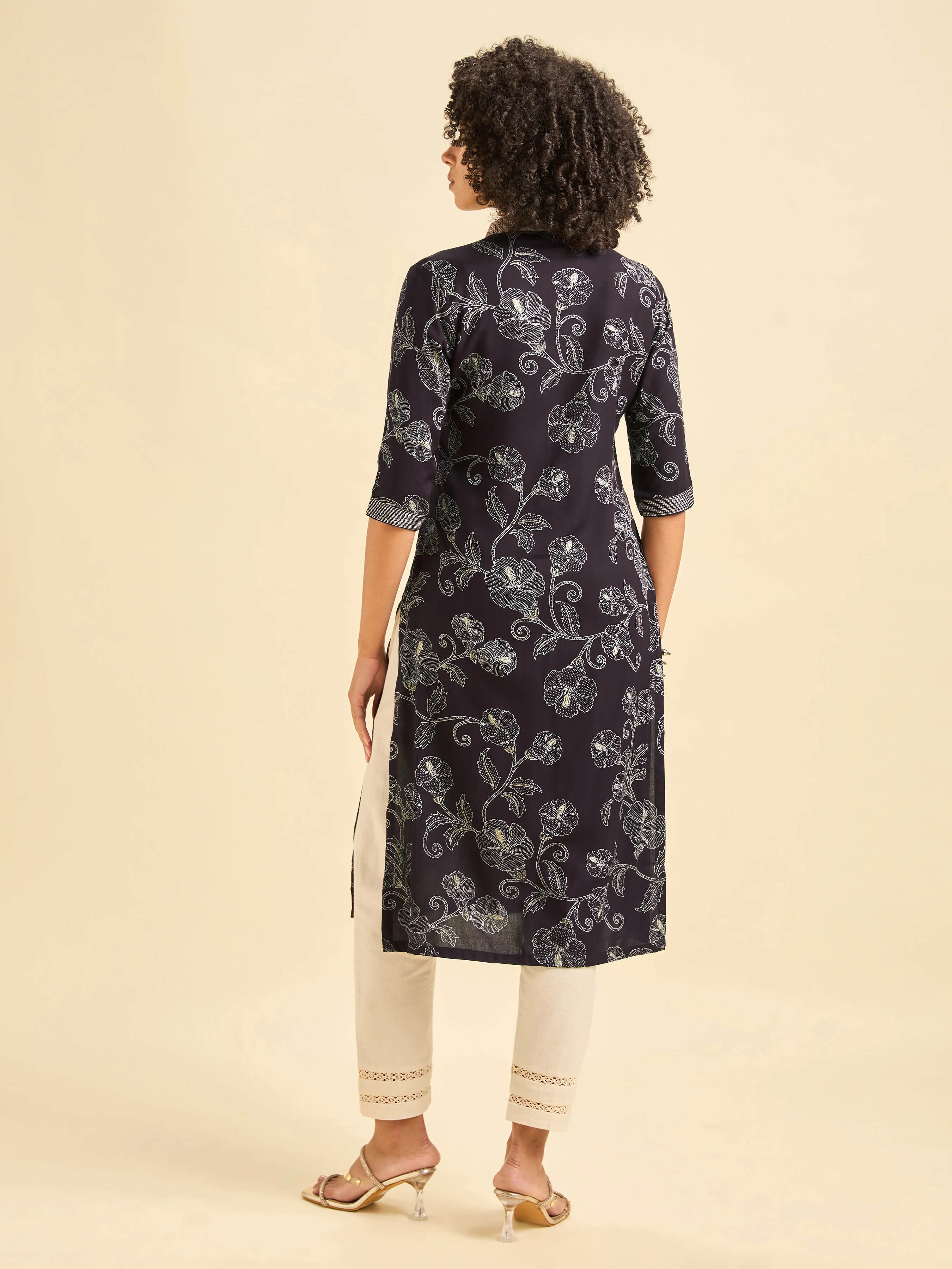 Dark Wine Red Viscose Slit Printed Kurti With Embroidery - Image 7