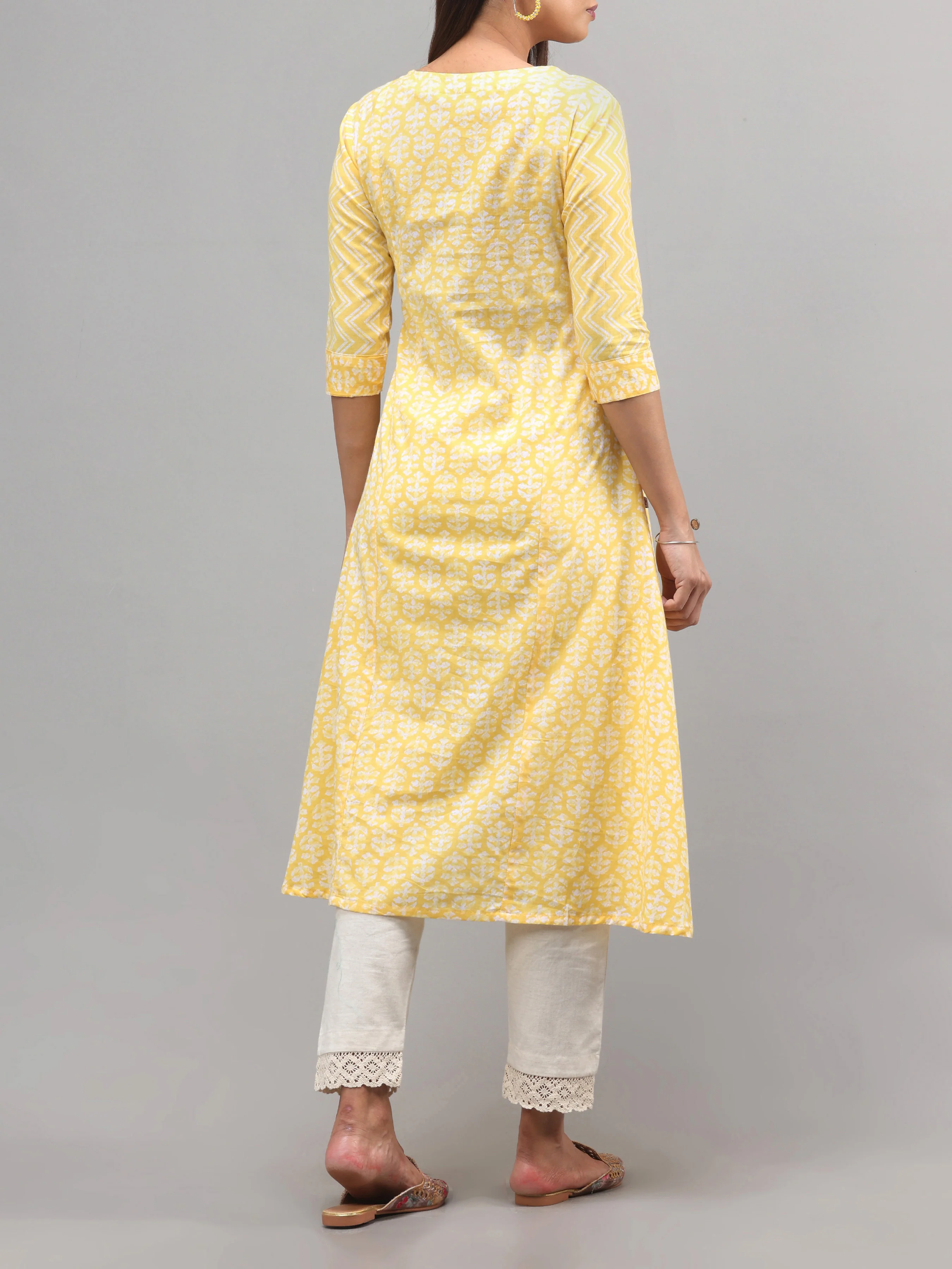 Yellow Pure Cotton Printed Kurti With Embroidery - Image 5