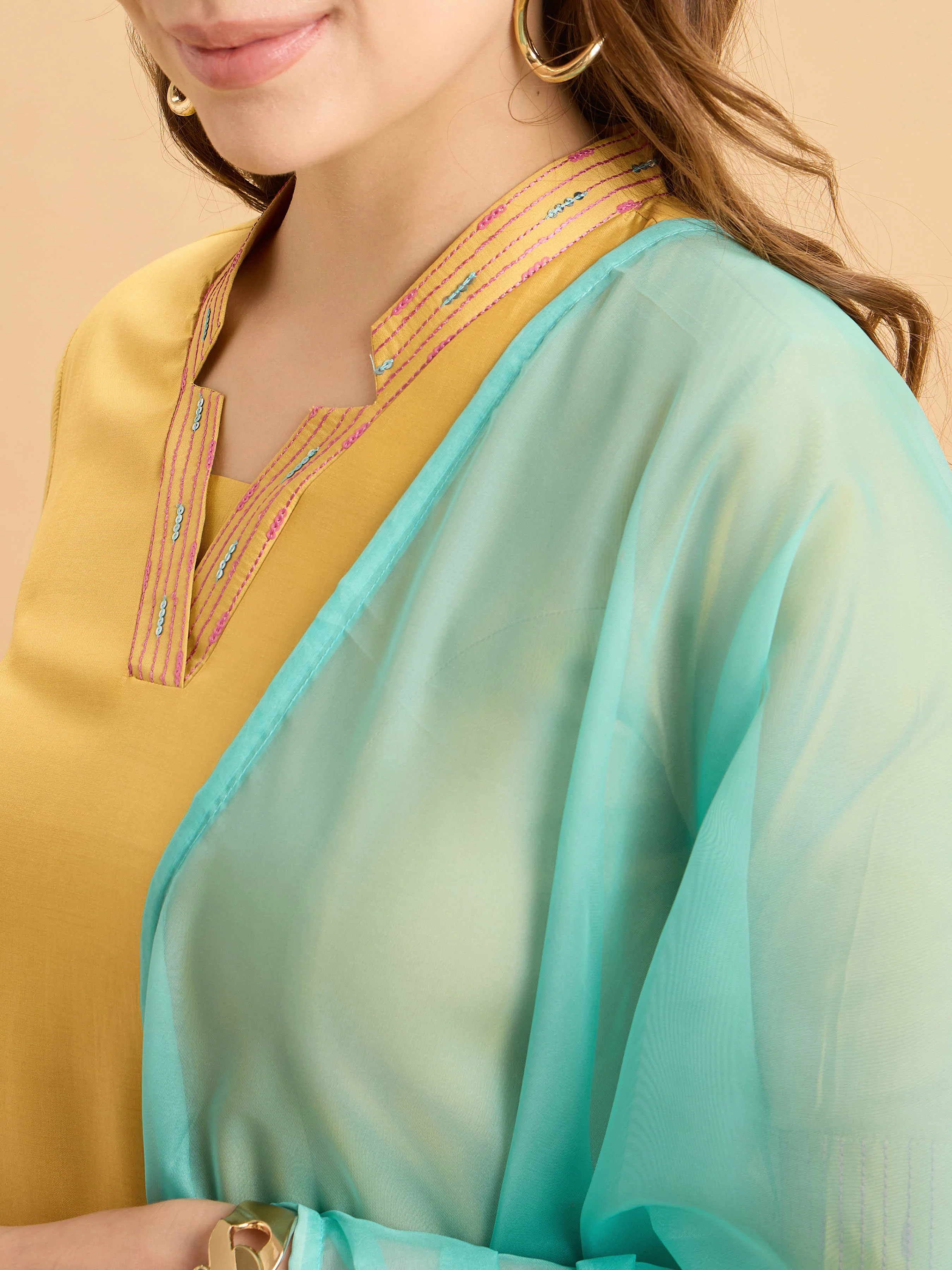 Yellow Viscose Blend Kurti Set With Sequins Work Styled With Printed Dupatta - Image 2