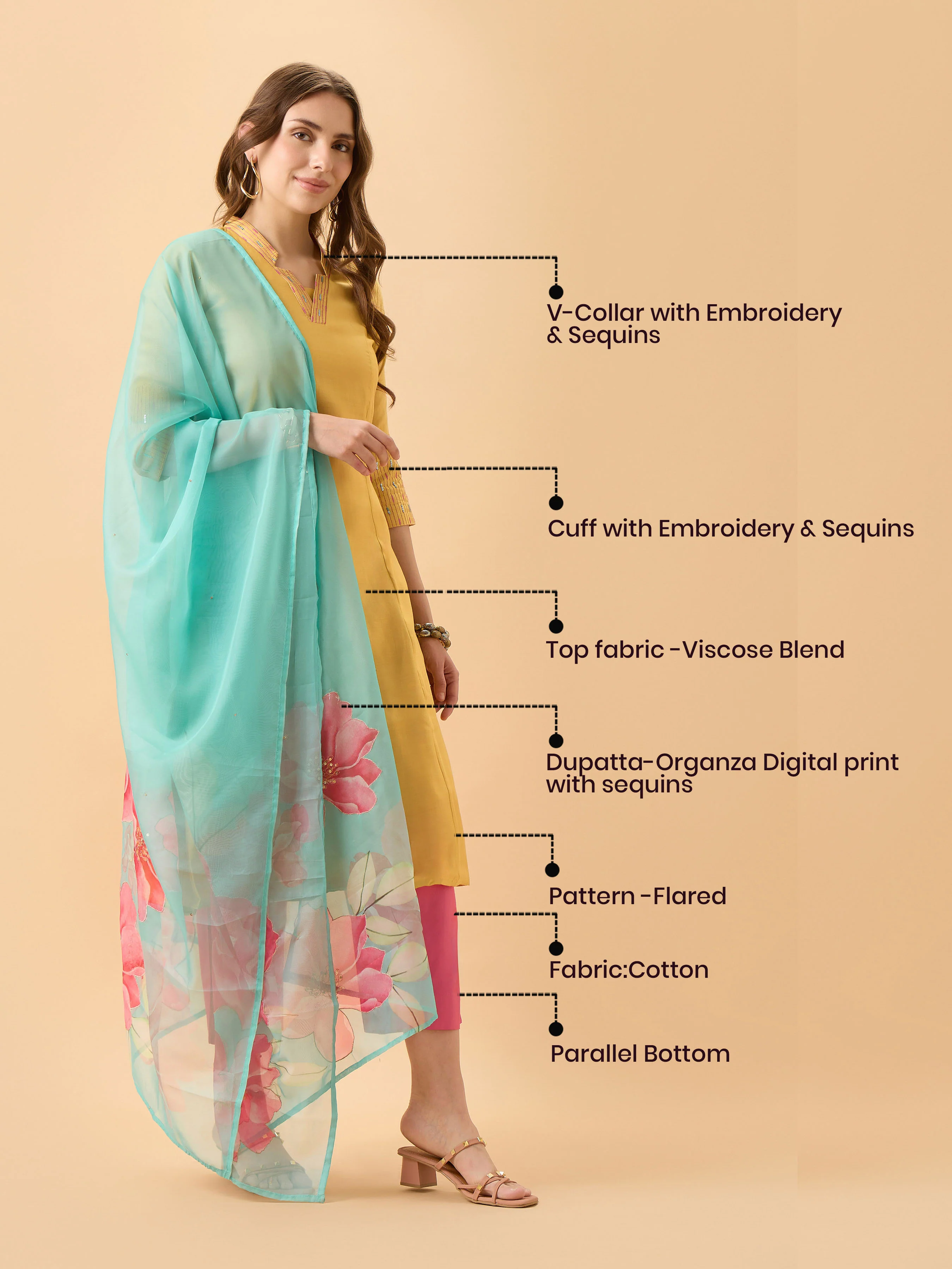 Yellow Viscose Blend Kurti Set With Sequins Work Styled With Printed Dupatta - Image 8