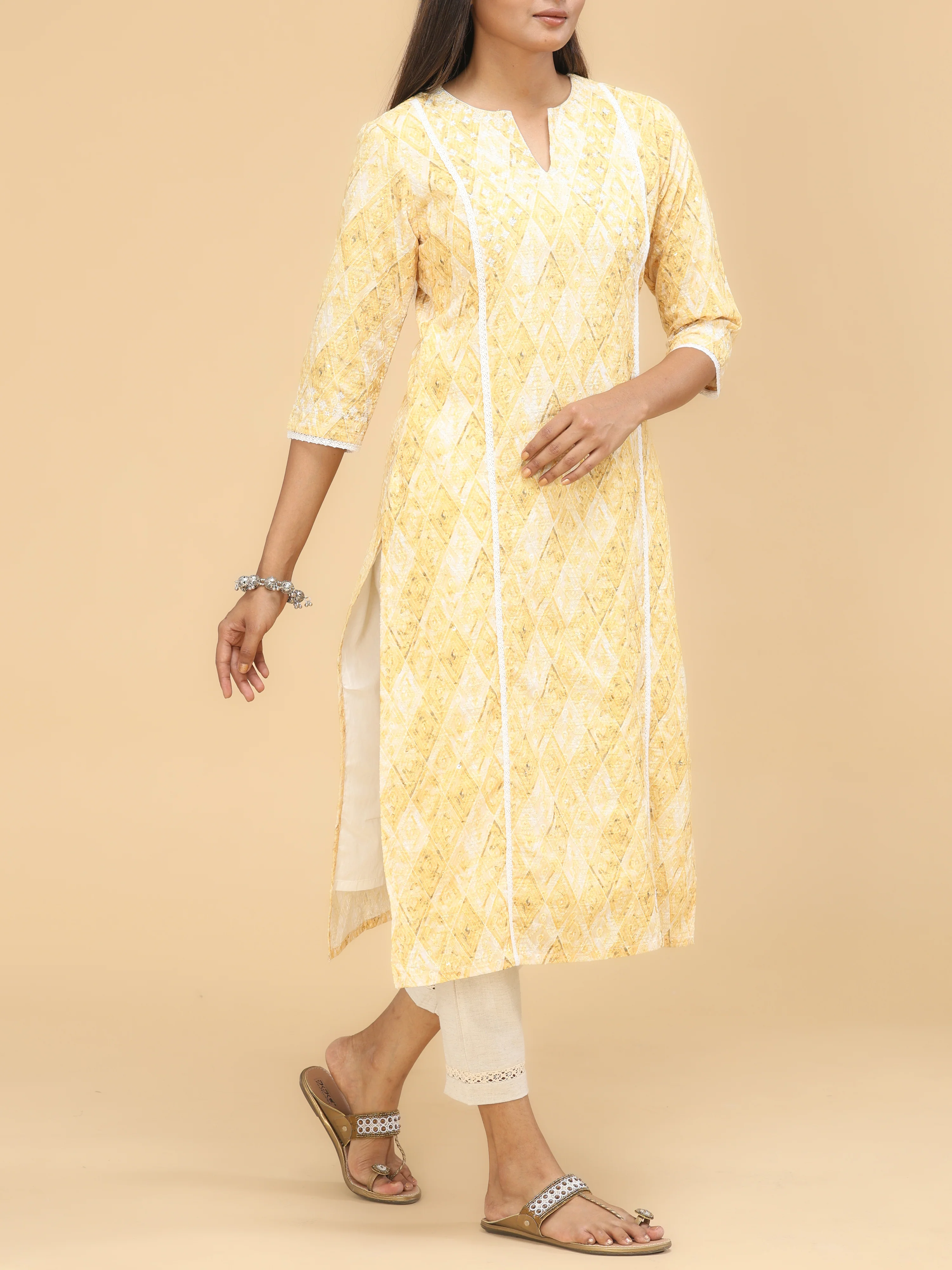 Yellow Viscose Schifili Printed Kurti With Embroidery - Image 4